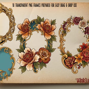 May include: A collection of decorative frames featuring ornate gold scrollwork, some accented with clusters of red, orange, and cream-colored flowers and green leaves. The text 10 TRANSPARENT PNG FRAMES PREPARED FOR EASY DRAG & DROP USE is visible at the top.