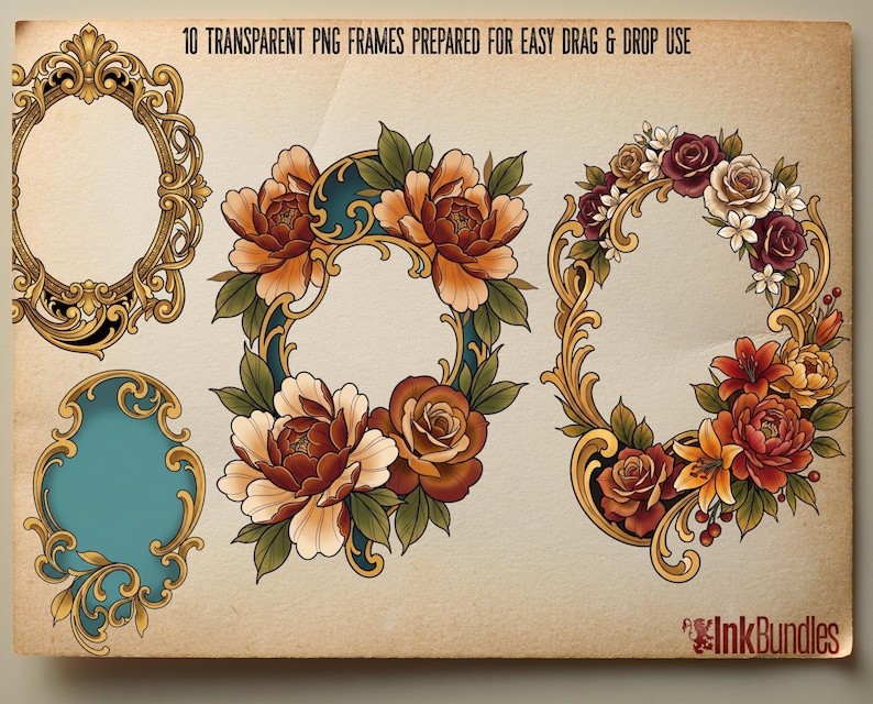 May include: A collection of decorative frames featuring ornate gold scrollwork, some accented with clusters of red, orange, and cream-colored flowers and green leaves. The text 10 TRANSPARENT PNG FRAMES PREPARED FOR EASY DRAG & DROP USE is visible at the top.