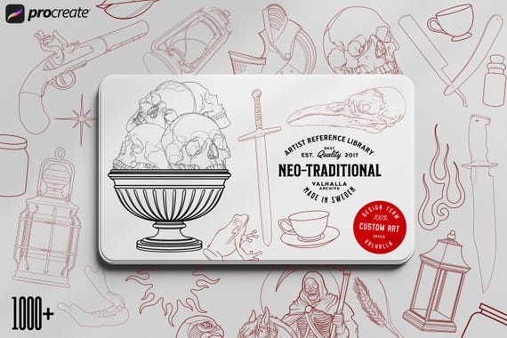 Neo-Traditional Tattoo Brushes for Procreate: 1000+ Art Reference Kit (Digital Download
