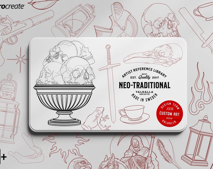 Neo-Traditional Brushes & Reference bundle - custom art, references, inspiration / creative kit, 1000+ custom made elements, neo library XL