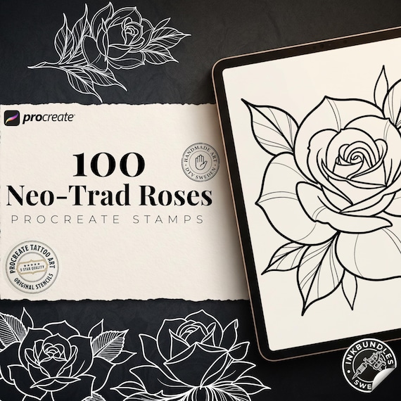 Neo Traditional Tattoo Bundle | Rose Stencils & Flash | Procreate + PNG, Ebook| Roses Art |