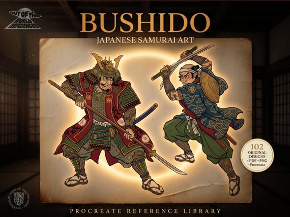 Procreate Bushido Samurai Tattoo Stencils, Japanese Warrior PNG Bundle & Stamp Brushes