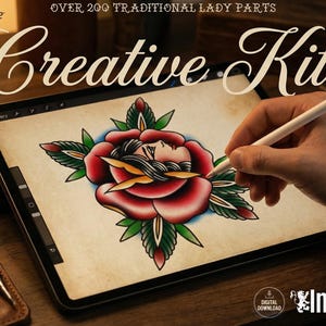 May include: A tablet displaying a digital illustration of a rose with a face inside, featuring red, green, and yellow colors. The screen shows the text 'OVER 200 TRADITIONAL LADY PARTS' and 'Creative Kit'. A stylus is used on the screen, with the InkBundles logo visible.