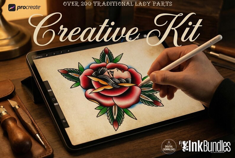 May include: A tablet displaying a digital illustration of a rose with a face inside, featuring red, green, and yellow colors. The screen shows the text 'OVER 200 TRADITIONAL LADY PARTS' and 'Creative Kit'. A stylus is used on the screen, with the InkBundles logo visible.