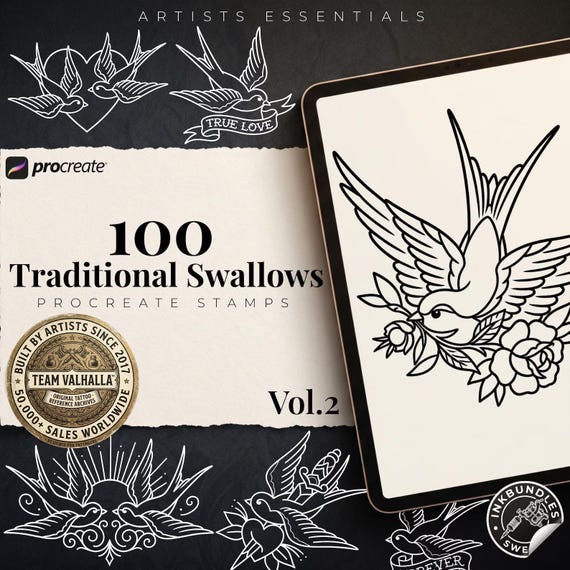 Traditional Swallows Vol.1  & Vol.2 - Procreate + PNG | 200+ Classic Swallow Tattoos, Old School Stencils