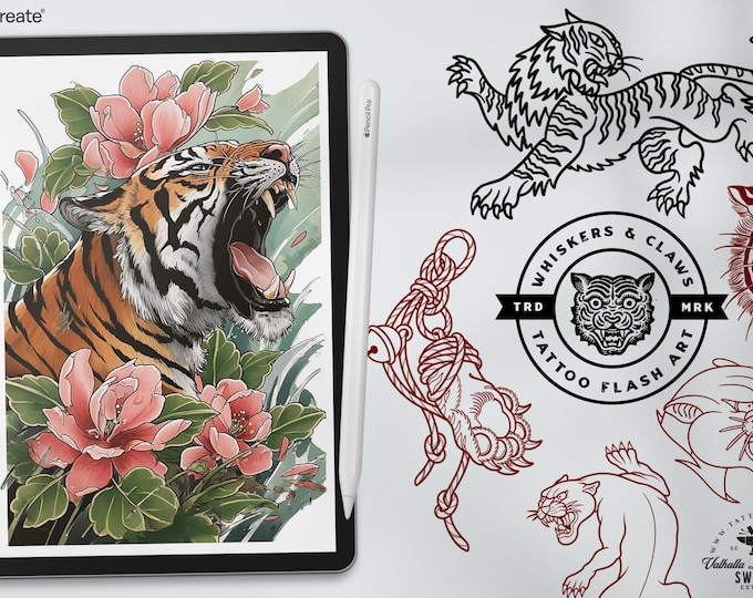 Procreate Tattoo Stamps: Tiger Flash Art Reference Bundle (Digital Download