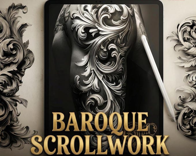 Baroque Scrollwork Design Kit: PNG & Procreate Stencils for Tattoos