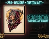 250+ Traditional Tattoo Lady Creator for Procreate | Old School Flash Stencils, DIY Assets & Brushset