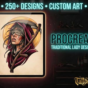 May include: A digital tablet displaying a tattoo design of a person in a maroon hooded cloak with a scythe, featuring the text 250+ DESIGNS CUSTOM ART PROCREATE TRADITIONAL LADY DESIGN KIT and the TattooWize logo in the bottom right corner.