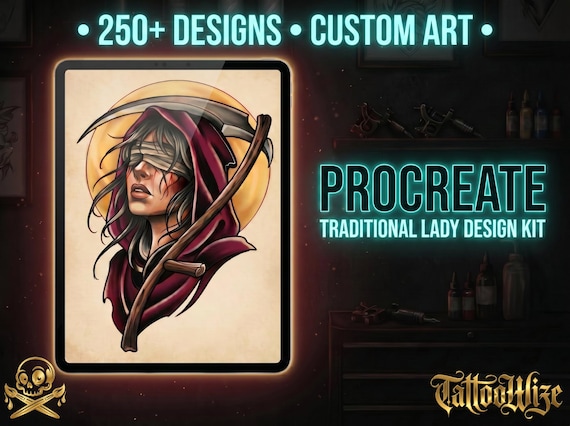 250+ Traditional Tattoo Lady Creator for Procreate | Old School Flash Stencils, DIY Assets & Brushset
