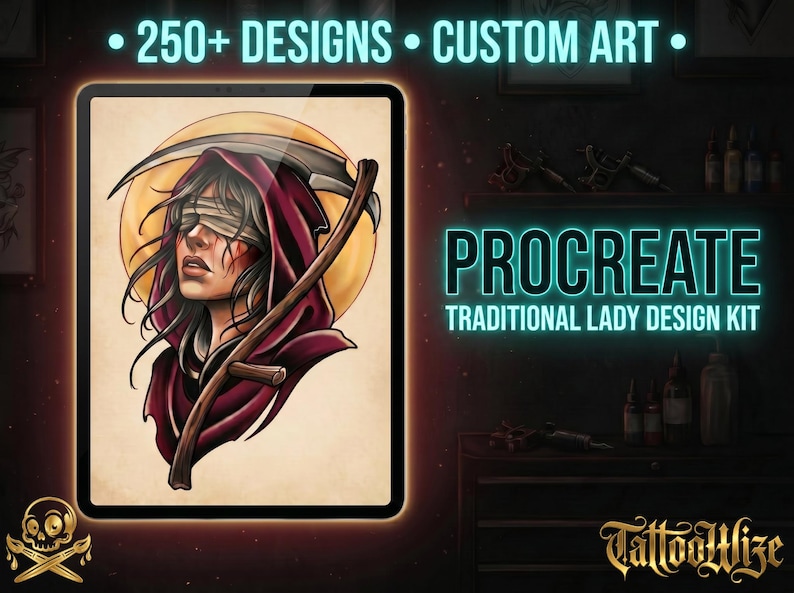 May include: A digital tablet displaying a tattoo design of a person in a maroon hooded cloak with a scythe, featuring the text 250+ DESIGNS CUSTOM ART PROCREATE TRADITIONAL LADY DESIGN KIT and the TattooWize logo in the bottom right corner.