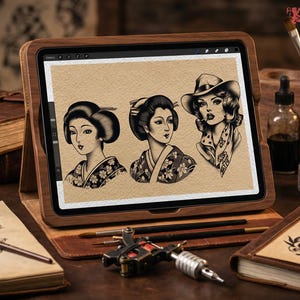 May include: Digital art display featuring three vintage tattoo designs on a tablet. The designs include portraits of women in traditional Japanese attire and a woman in a hat. The tablet is in a wooden stand, surrounded by tattoo supplies.