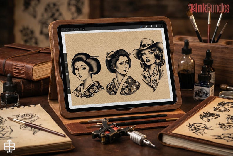 May include: Digital art display featuring three vintage tattoo designs on a tablet. The designs include portraits of women in traditional Japanese attire and a woman in a hat. The tablet is in a wooden stand, surrounded by tattoo supplies.