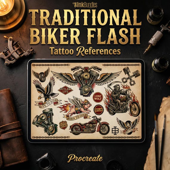 Traditional Biker Tattoo Flash Procreate Stamps | Old School Motorcycle Designs