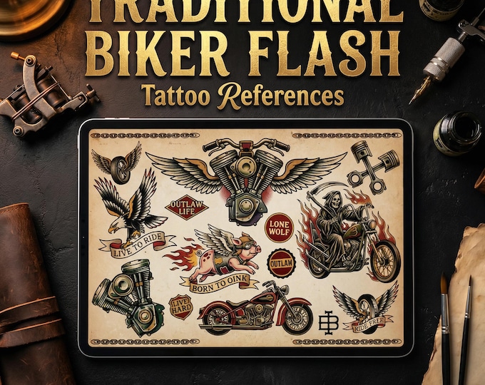 Traditional Biker Tattoo Flash Procreate Stamps | Old School Motorcycle Designs