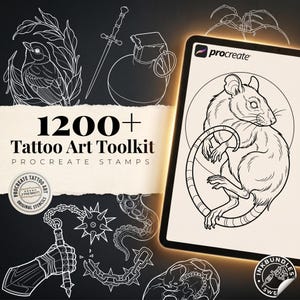 May include: A digital tablet displaying a rat illustration in a Procreate interface, surrounded by white line art tattoo designs including a bird, sword, grenade, flail, and skull on a black background with the text 1200+ Tattoo Art Toolkit.
