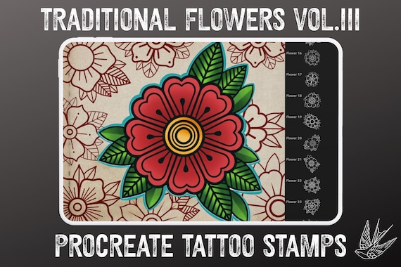 Traditional Tattoo Flowers 3 56 files – Procreate Stamps | Old School Clipart