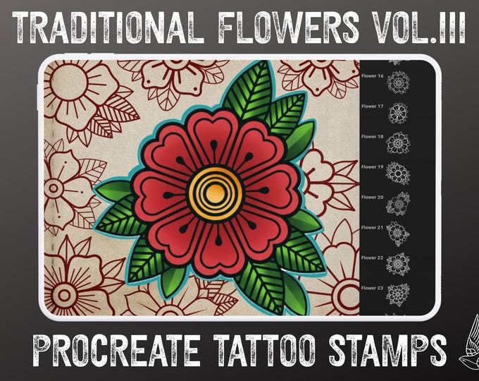 Traditional Tattoo Flowers 3 25 flowers – Procreate Stamps | Old School Clipart
