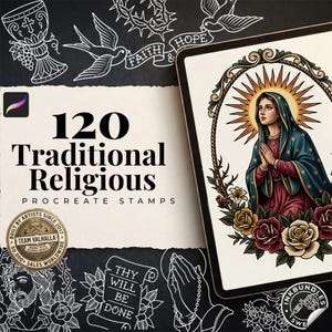 Puede incluir: Una colección digital de 120 sellos religiosos tradicionales para Procreate con una ilustración central de una figura con manto azul y halo radiante, rodeada de rosas, sobre un fondo negro con iconos de líneas blancas.