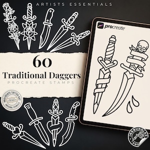 May include: A digital collection of 60 traditional dagger tattoo stamp designs for Procreate. The display features white line art illustrations of various daggers, some wrapped in ribbons or roses, on a black background with a tablet screen.