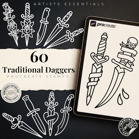 Procreate Traditional Daggers, 60 Old school Stencils / References / Tattoo essentials