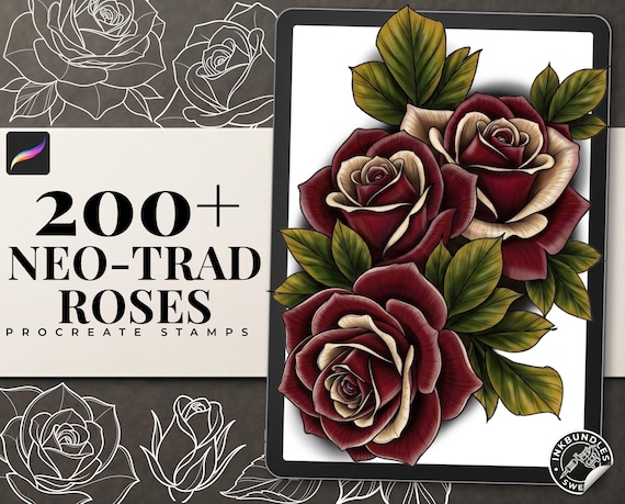 Neo Traditional Tattoo Bundle | Rose Stencils & Flash | Procreate + PNG, Ebook| Roses Art |