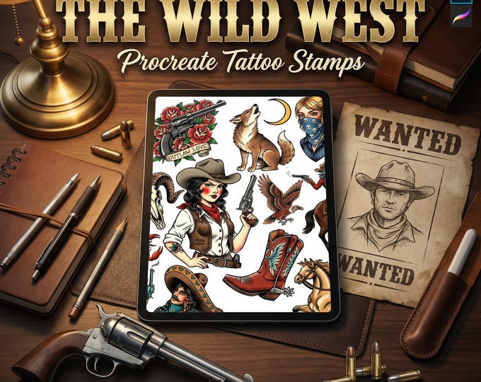 Traditional Wild Western Tattoo Design kit - Procreate & PNG | 200+ Classic Cowboy Tattoos