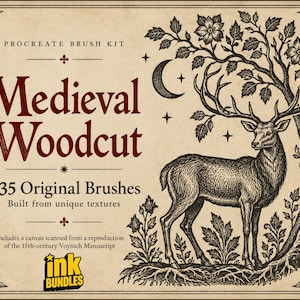 May include: A digital product cover titled Medieval Woodcut Procreate Brush Kit with 235 Original Brushes. The beige background features a black ink illustration of a deer standing under a tree with a crescent moon and stars.