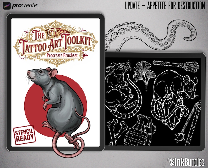 May include: Two digital tablets displaying tattoo art designs. One tablet shows a rat illustration with the text "The Tattoo Art Toolkit" and "Stencil Ready." The other tablet features line art of rats, weapons, and botanical elements. The text "Update - Appetite for Destruction" is above the second tablet.