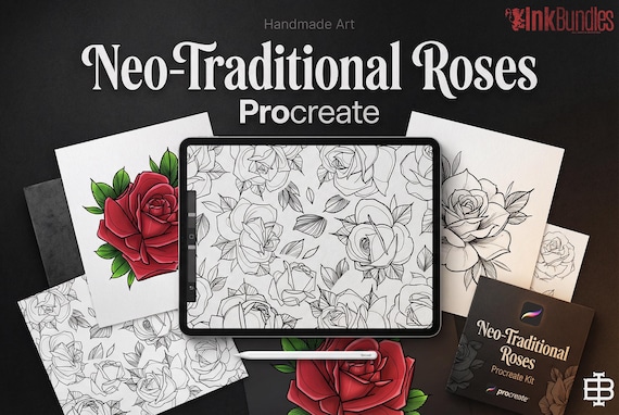 Neo Traditional Rose Clipart: Procreate Stamps, Tattoo Art - PNG & Brush