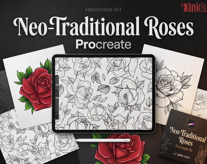 Neo Traditional Rose Clipart: Procreate Stamps, Tattoo Art - PNG & Brush