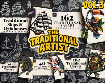 May include: A digital collection of Procreate brushes and stamps titled The Traditional Artist Vol. 3, featuring black and white line art of ships, lighthouses, wolves, sharks, and bayou animals, alongside colorful illustrations of a toucan and a frog.