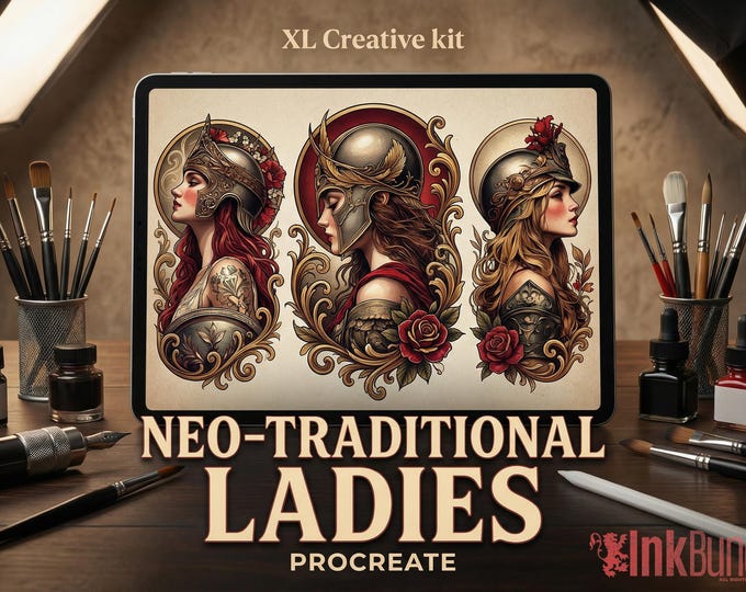 Neo-Traditional Lady Tattoo Design Kit: 2000+ Procreate Stamps, SVG & PNG Files