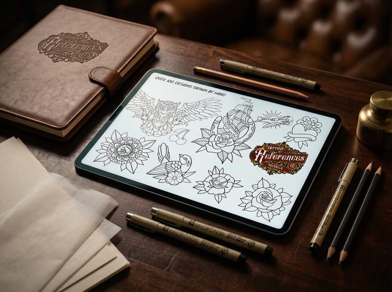 May include: A digital tablet displays tattoo design references, including an owl, ship, and roses. A leather-bound notebook, pens, and pencils are arranged on a wooden surface. The tablet features the text "Over 100 Designs Drawn By Hand" and "Tattoo References Valhalla".