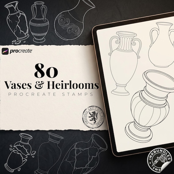 Procreate tattoo stencil, 80 vases and shards drawn by hand ~ Original tattoo templates