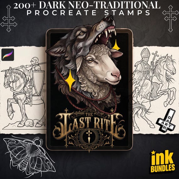 Dark Neo-Traditional 200+, Dark Macabre Tattoo Art, Neo-Traditional Procreate Stamps, Tattoo Stencils