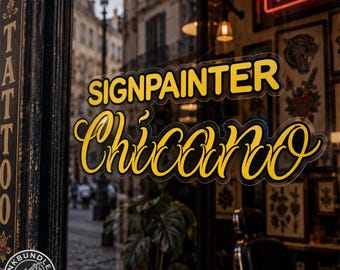May include: A yellow vinyl decal applied to a glass window featuring the text SIGNPAINTER in a bold sans-serif font and Chicano in a stylized cursive script. The decal has a thin black outline and is displayed on a dark window frame.