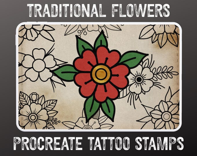 Traditional Tattoo Flowers 120 files – Procreate Stamps | Old School Flower Clipart – PNG, SVG, EPS