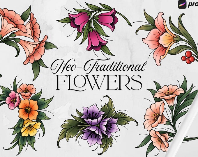 Neo-traditional flowers - custom art, digital download Procreate/Photoshop Stencils