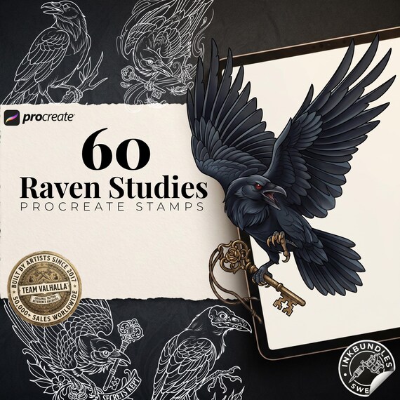 Raven Procreate Brushes, Bird Tattoo Stencils, 60+ Stamps Digital Download