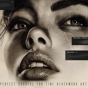 May include: A black and white illustration of a woman's face with a focus on the eyes and lips. The image is labeled "PERFECT SHADERS FOR FINE BLACKWORK ART" and "VALHALLA".