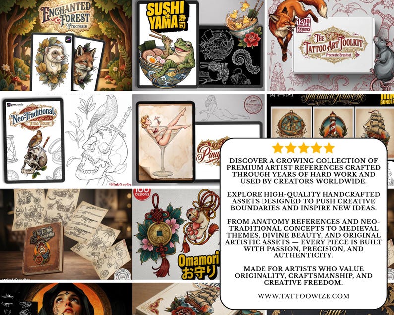 May include: A collection of digital art references and tattoo design resources. The image features various illustrations, including animals, skulls, and traditional Japanese motifs. Text on the image includes "Enchanted Forest", "Sushi Yama", and "The Tattoo Art Toolkit".