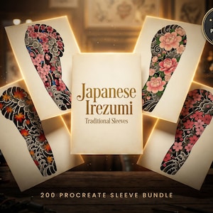 Könnte beinhalten: Eine digitale Sammlung japanischer Irezumi-Tattoo-Designs mit vier verschiedenen Arm-Sleeve-Illustrationen mit Blumen- und Wellenmotiven. Die zentrale Karte zeigt den Text Japanese Irezumi Traditional Sleeves und 200 Procreate Sleeve Bundle.