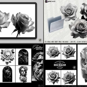 Pu&ograve; includere: Arte digitale in bianco e nero con illustrazioni di rose. L'immagine include rose su un tablet, immagini di rose individuali e una collezione di disegni di tatuaggi. Il testo include "Rose Realism" e "Tattoo Artist".