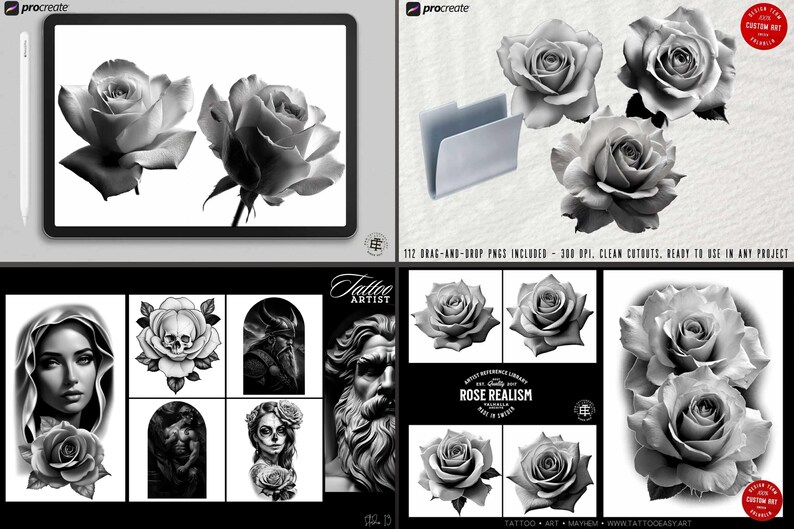 Pu&ograve; includere: Arte digitale in bianco e nero con illustrazioni di rose. L'immagine include rose su un tablet, immagini di rose individuali e una collezione di disegni di tatuaggi. Il testo include "Rose Realism" e "Tattoo Artist".