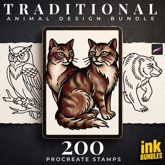 American Traditional Animals – 200+ Procreate Stamps, Tattoo Flash & Animal Designs