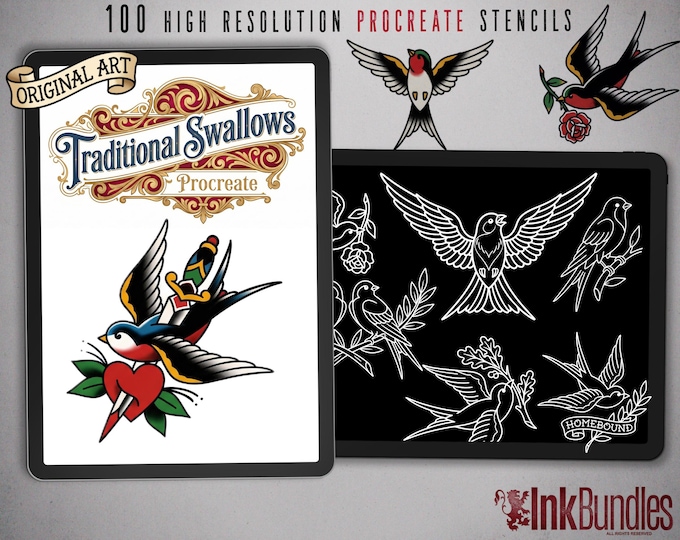 Procreate 100 Original Traditional Swallows | Bird Tattoo Brushset | Traditional Swallow designs | stencils