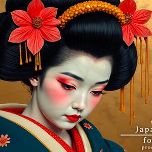 May include: A woman with dark hair styled in a traditional Japanese bun, adorned with red flowers and gold accents. She is wearing a teal and red kimono with a floral pattern. The background is a gold textured pattern.