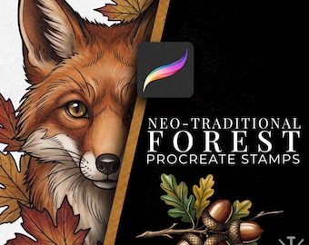 May include: A digital illustration featuring a fox face surrounded by orange and red maple leaves on the left, and a black background on the right with the text NEO-TRADITIONAL FOREST PROCREATE STAMPS and a cluster of brown acorns with green oak leaves.