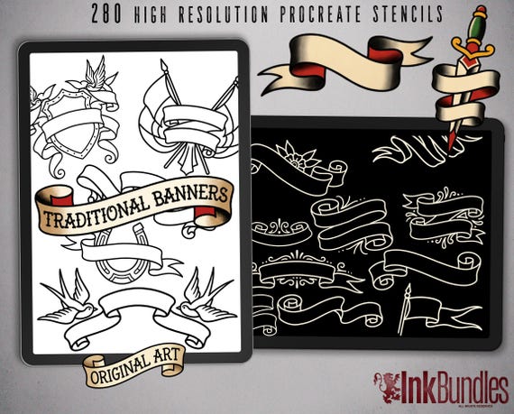 Procreate 280 Banner Designs | Procreate Brushset | Traditional Banners | stencils